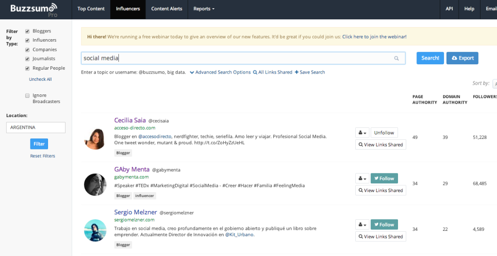 Buzzsumo - Social Media influencers in Argentina