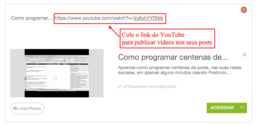 Cole o link do YouTube para publicar vídeos nos seus posts