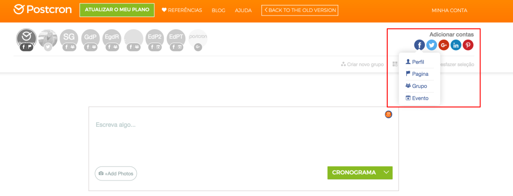 Escolha o tipo de conta na qual quer agendar os seus posts.