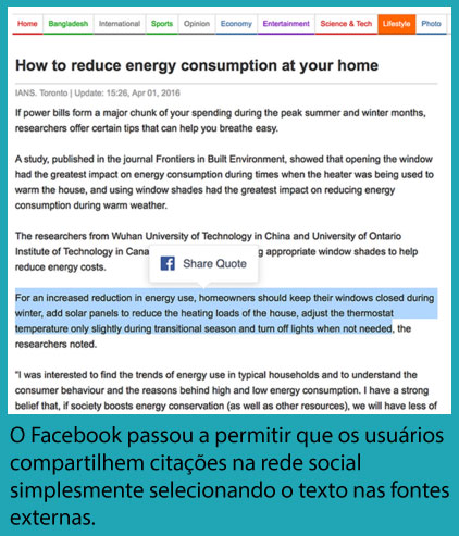 O Facebook passou a permitir que os usuários compartilhem citações na rede social simplesmente selecionando o texto nas fontes externas.
